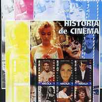 Angola 2002 History of the Cinema #03 large perf sheetlet containing set of 6 values (Paul Newman, Liz Taylor, Gregory Peck (inscribed Steve McQueen in error) Sophia Loren, Richard Burton & Natilie Wood), the set of 5 progressive ……Details Below