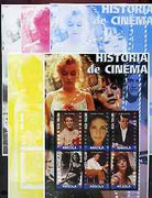 Angola 2002 History of the Cinema #03 large perf sheetlet containing set of 6 values (Paul Newman, Liz Taylor, Gregory Peck (inscribed Steve McQueen in error) Sophia Loren, Richard Burton & Natilie Wood), the set of 5 progressive ……Details Below