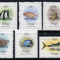 Tonga 1984 Marine Life (Fish) self-adhesive 6 values (3s, 9s, 13s, 20s, 32s & T$5) opt'd SPECIMEN (between SG 867-81) unmounted mint*