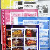 Benin 2002 Portraits of Locomotives perf sheetlet containing set of 6 values each with Rotary Logo, the set of 5 progressive proofs comprising the 4 individual colours plus all 4-colour composite (as issued) all unmounted mint