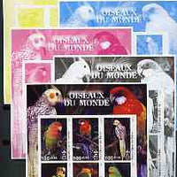 Benin 2002 Parrots imperf sheetlet containing set of 6 values each with Scout Logo, the set of 5 progressive proofs comprising the 4 individual colours plus all 4-colour composite (as issued) all unmounted mint