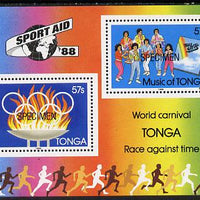 Tonga 1988 Sport Aid '88 m/sheet opt'd SPECIMEN (group Singing & Olympic Rings), as SG MS 998 unmounted mint