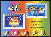 Tonga 1988 Sport Aid '88 m/sheet opt'd SPECIMEN (group Singing & Olympic Rings), as SG MS 998 unmounted mint