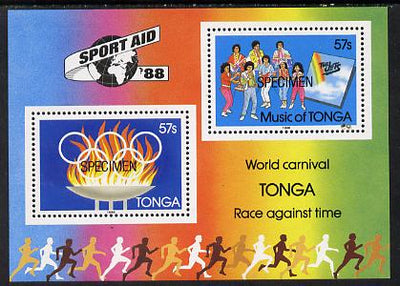 Tonga 1988 Sport Aid '88 m/sheet opt'd SPECIMEN (group Singing & Olympic Rings), as SG MS 998 unmounted mint