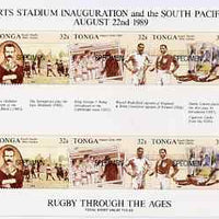 Tonga 1989 Sports Stadium (Rugby through the Ages) sheetlet opt'd SPECIMEN unmounted mint, as SG 1040a