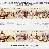 Tonga 1989 Sports Stadium (Rugby through the Ages) sheetlet opt'd SPECIMEN unmounted mint, as SG 1040a
