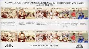 Tonga 1989 Sports Stadium (Rugby through the Ages) sheetlet opt'd SPECIMEN unmounted mint, as SG 1040a