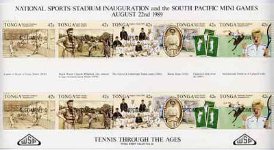 Tonga 1989 Sports Stadium (Tennis through the Ages) sheetlet opt'd SPECIMEN unmounted mint, as SG 1045a