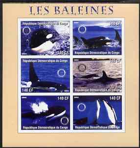 Congo 2003 Whales imperf sheetlet #01 (pink border) containing 6 values each with Rotary Logo, unmounted mint