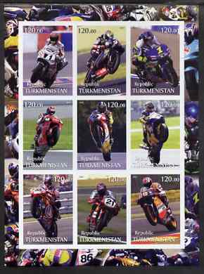 Turkmenistan 2001 Racing Motorcyclists imperf sheetlet containing set of 9 values, unmounted mint