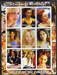 Congo 2003 History of the Cinema #06 (Actresses) imperf sheetlet containing 9 values unmounted mint (Showing Heather Locklear, Penelope Cruz, Gillian Anderson, Jennifer Aniston, Meg Ryan, Jennifer Lopez, Lucy Liu, Helen Hunt & Franke Pottente)