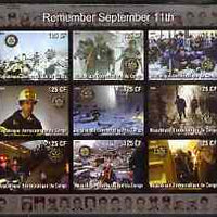 Congo 2003 Fire Engines of New York - Remembering September 11th imperf sheetlet containing 9 values each with Rotary Logo, unmounted mint