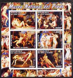 Ivory Coast 2003 Nude Paintings from the Prado National Museum imperf sheetlet containing 6 values unmounted mint (showing works by Titian x 2, Rubens x 2, Reni & Carracci)