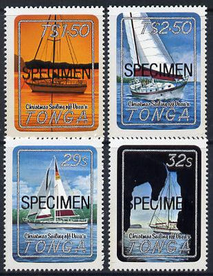 Tonga 1983 Christmas (Yachting) self-adhesive set of 4 opt'd SPECIMEN (Map used as backing paper), as SG 857-60*