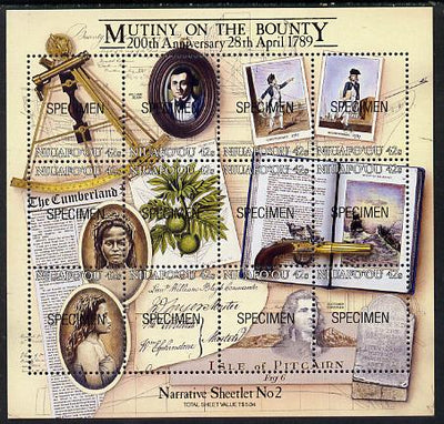 Tonga - Niuafo'ou 1989 Bicentenary of Mutany on Bounty m/sheet opt'd SPECIMEN (Bligh, Breadfruit, Sextant, Pistol) unmounted mint as SG MS 112