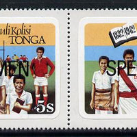 Tonga 1982 Rugby Team 5s se-tenant bi-lingual pair from College Centenary self-adhesive set opt'd SPECIMEN unmounted mint, as SG 825-26