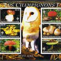 Congo 2004 Mushrooms #1 imperf sheetlet containing 6 values each with Scout Logo and Barn Owl in background, unmounted mint