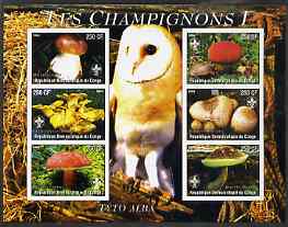 Congo 2004 Mushrooms #1 imperf sheetlet containing 6 values each with Scout Logo and Barn Owl in background, unmounted mint
