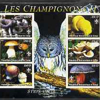 Congo 2004 Mushrooms #2 imperf sheetlet containing 6 values each with Scout Logo and Barred Owl in background, unmounted mint