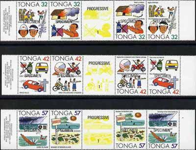 Tonga 1991 Accident Prevention set of 12 opt'd SPECIMEN (se-tenant bi-lingual strips) unmounted mint, as SG 1117-28