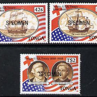 Tonga 1989 Tonga-USA Treaty set of 3 opt'd SPECIMEN (Cook, Columbus, Flags, Ships) unmounted mint as SG 1018-20
