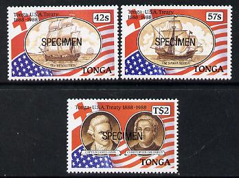 Tonga 1989 Tonga-USA Treaty set of 3 opt'd SPECIMEN (Cook, Columbus, Flags, Ships) unmounted mint as SG 1018-20