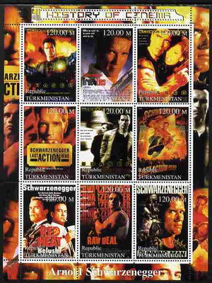 Turkmenistan 2000 History of the Cinema - Arnold Schwarzenegger perf sheetlet containing 9 values unmounted mint. Note this item is privately produced and is offered purely on its thematic appeal