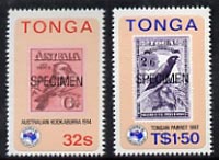 Tonga 1984 Ausipex Stamp Exhibition self-adhesive set of 2 opt'd SPECIMEN (Tongan Parrot stamp & Australian Kookaburra), as SG 890-91 (blocks or gutter pairs pro rata) unmounted mint