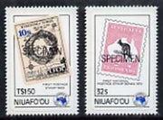 Tonga - Niuafo'ou 1984 Ausipex Stamp Exhibition self-adhesive set of 2 opt'd SPECIMEN (Tongan Map stamp & Australian Roo), as SG 48-49 unmounted mint (blocks or gutter pairs with Postal slogans pro rata)