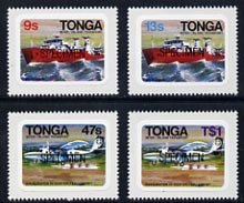 Tonga 1982 Inter-Island Transport (Plane & Ship) self-adhesive set of 4 opt'd SPECIMEN, as SG 813-16 (blocks or gutter pairs with Map pro rata) unmounted mint