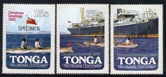 Tonga 1982 Christmas (opt on Tin Can Mail) self-adhesive set of 3 opt'd SPECIMEN, as SG 831-33 (blocks or gutter pairs with Postal Slogans pro rata) unmounted mint