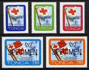 Tonga 1981 International Year of the Disabled self-adhesive set of 5 opt'd SPECIMEN, as SG 780-84 (blocks or gutter pairs with Red Cross pro rata) unmounted mint