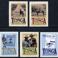 Tonga 1982 75th Anniversary of Scouting self-adhesive set of 5 opt'd SPECIMEN, as SG 803-07 unmounted mint (blocks or gutter pairs pro rata)