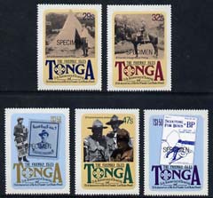 Tonga 1982 75th Anniversary of Scouting self-adhesive set of 5 opt'd SPECIMEN, as SG 803-07 unmounted mint (blocks or gutter pairs pro rata)