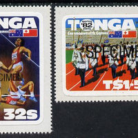 Tonga 1982 Commonwealth Games self-adhesive set of 2 opt'd SPECIMEN (Decathlon & Police Band), as SG 823-24 (blocks or gutter pairs pro rata) unmounted mint
