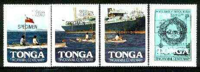 Tonga 1982 Tin Can Mail Centenary self-adhesive set of 4 opt'd SPECIMEN, as SG 817-20 (blocks or gutter pairs with Postal Slogans pro rata) unmounted mint