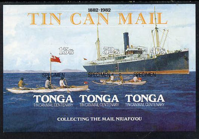 Tonga 1982 Tin Can Mail Centenary self-adhesive m/sheet opt'd SPECIMEN, as SG MS 821 (mail canoe & ship) unmounted mint