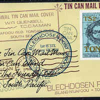 Tonga 1982 Tin Can Mail Centenary self-adhesive m/sheet opt'd SPECIMEN, as SG MS 822 (Map stamp on reproduction of early envelope)