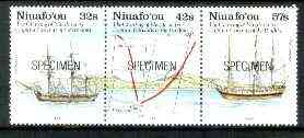 Tonga - Niuafo'ou 1991 Charting se-tenant strip of 3 opt'd SPECIMEN (Bounty, Pandora & Course), as SG 152a unmounted mint