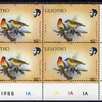 Lesotho 1988 Birds 16s Cape Weaver with horiz perfs shifted (date at top of stamp) SG 796var unmounted mint plate block of 4 from bottom of sheet showing perfs passing through value and additional date in lower margin
