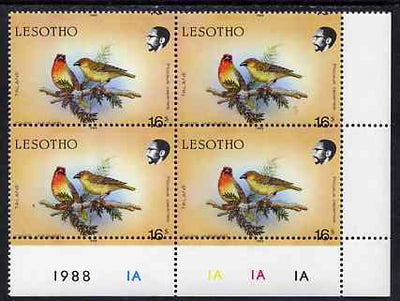 Lesotho 1988 Birds 16s Cape Weaver with horiz perfs shifted (date at top of stamp) SG 796var unmounted mint plate block of 4 from bottom right of sheet showing perfs passing through value and additional date in lower margin