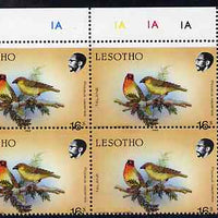 Lesotho 1988 Birds 16s Cape Weaver with horiz perfs shifted SG 796var unmounted mint plate block of 4 from top right of sheet showing perfs passing through value, upper two stamps with white strip at top and missing the date