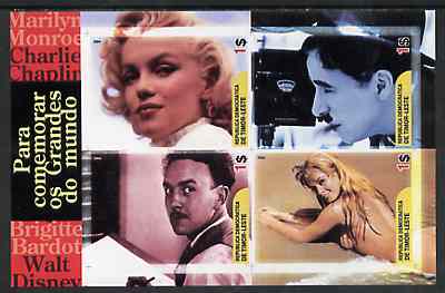 Timor 2004 Film Stars imperf sheetlet containing 4 values (Marilyn, Chaplin, Disney & Brigitte Bardot) unmounted mint