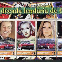 Timor 2004 The 1960's Decade perf sheetlet containing 4 values (Marilyn, Brigitte Bardot, Elvis, Disney & Cars) unmounted mint