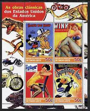 Timor 2004 Classics from the USA #05 perf sheetlet containing 4 values (Disney Dog Show, Symphony Hour & Pin-ups) unmounted mint