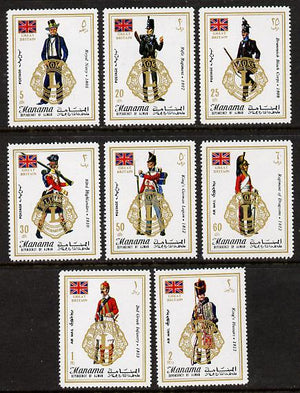 Manama 1972 Lions Clubs opts on Uniforms perf set of 8 unmounted mint, Mi 824-31A