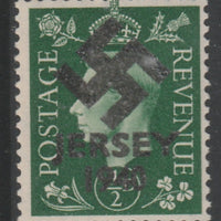 Jersey 1940 Swastika opt on Great Britain KG6 1/2d green produced during the German Occupation but unissued due to local feelings. This is a copy of the overprint on a genuine stamp with forgery handstamped on the back, unmounted ……Details Below