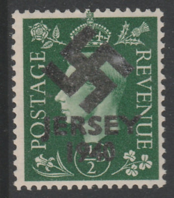 Jersey 1940 Swastika opt on Great Britain KG6 1/2d green produced during the German Occupation but unissued due to local feelings. This is a copy of the overprint on a genuine stamp with forgery handstamped on the back, unmounted ……Details Below