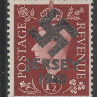 Jersey 1940 Swastika opt on Great Britain KG6 1.5d brown produced during the German Occupation but unissued due to local feelings. This is a copy of the overprint on a genuine stamp with forgery handstamped on the back, unmounted ……Details Below