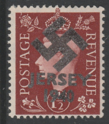 Jersey 1940 Swastika opt on Great Britain KG6 1.5d brown produced during the German Occupation but unissued due to local feelings. This is a copy of the overprint on a genuine stamp with forgery handstamped on the back, unmounted ……Details Below